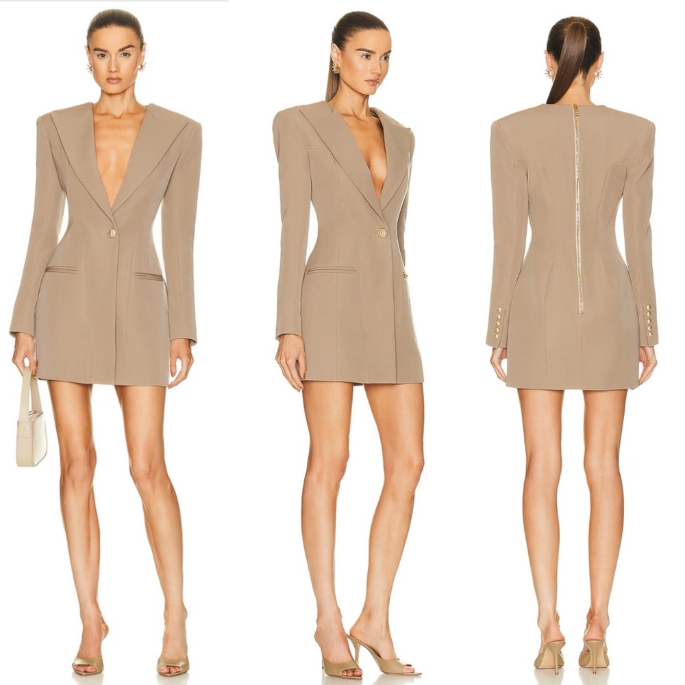 Balmain Grain De Poudre Long Sleeve Tailored Short Blazer Mini Dress in Sable